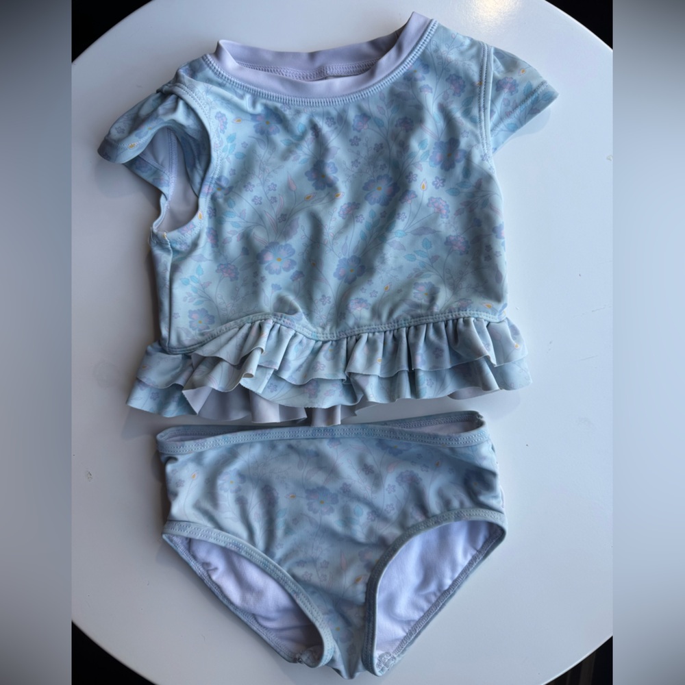 Ruffle Butts Light Blue Floral Ruffle Swim Set 3T